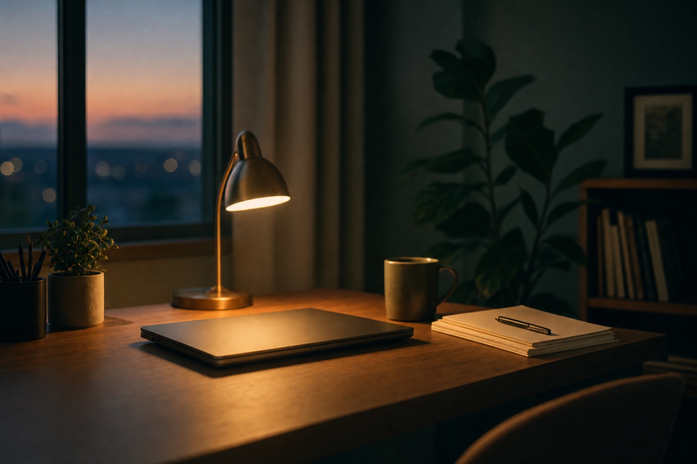 A quiet desk at dusk, laptop closed